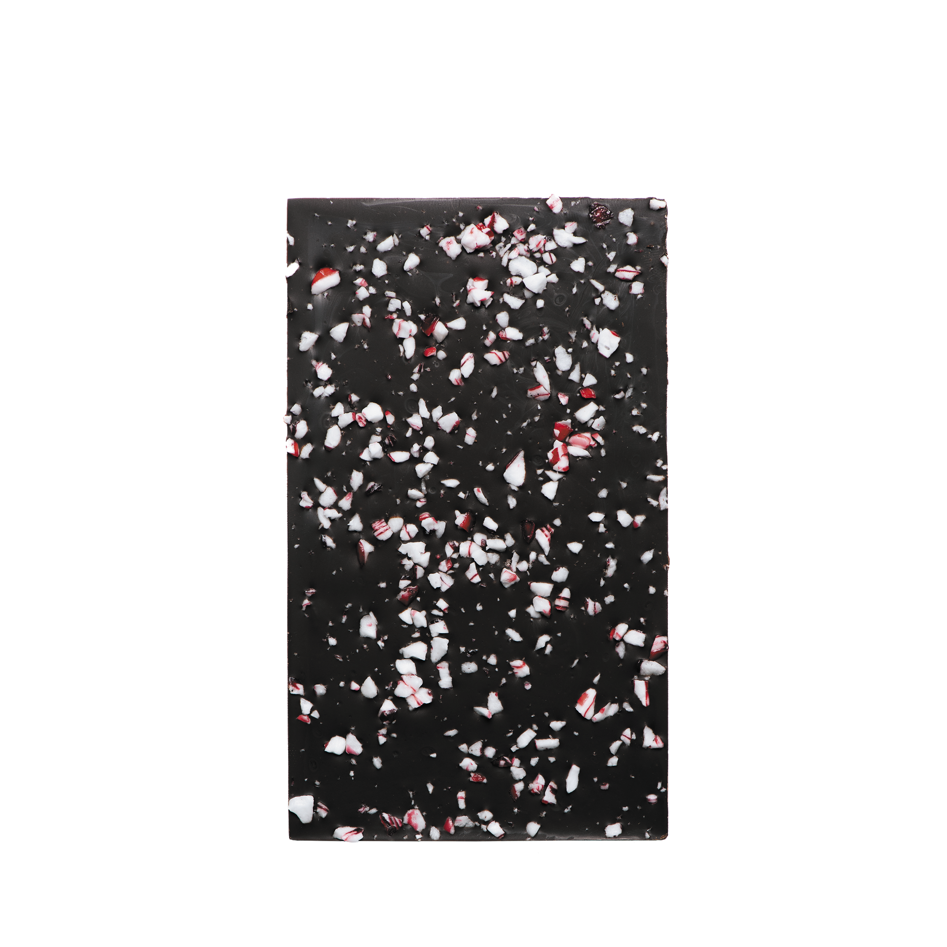 A chocolate bar with candy canes on it on a white background.