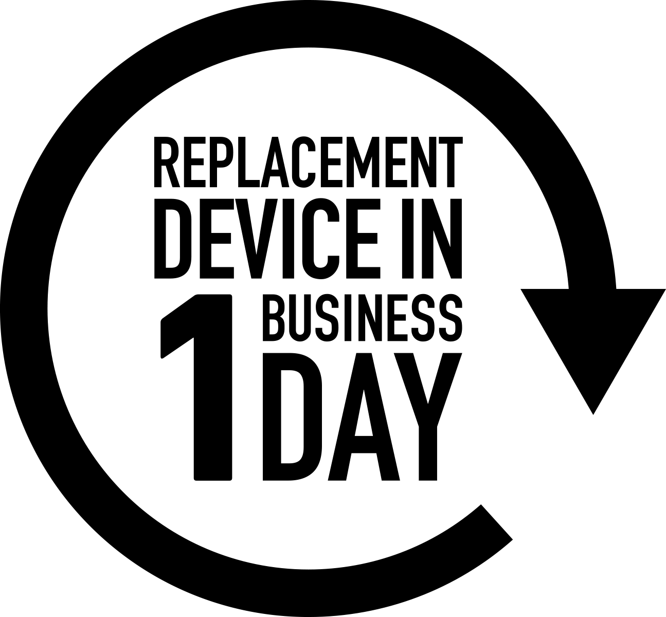 A black and white logo that says `` replacement device in 24 hours ''.