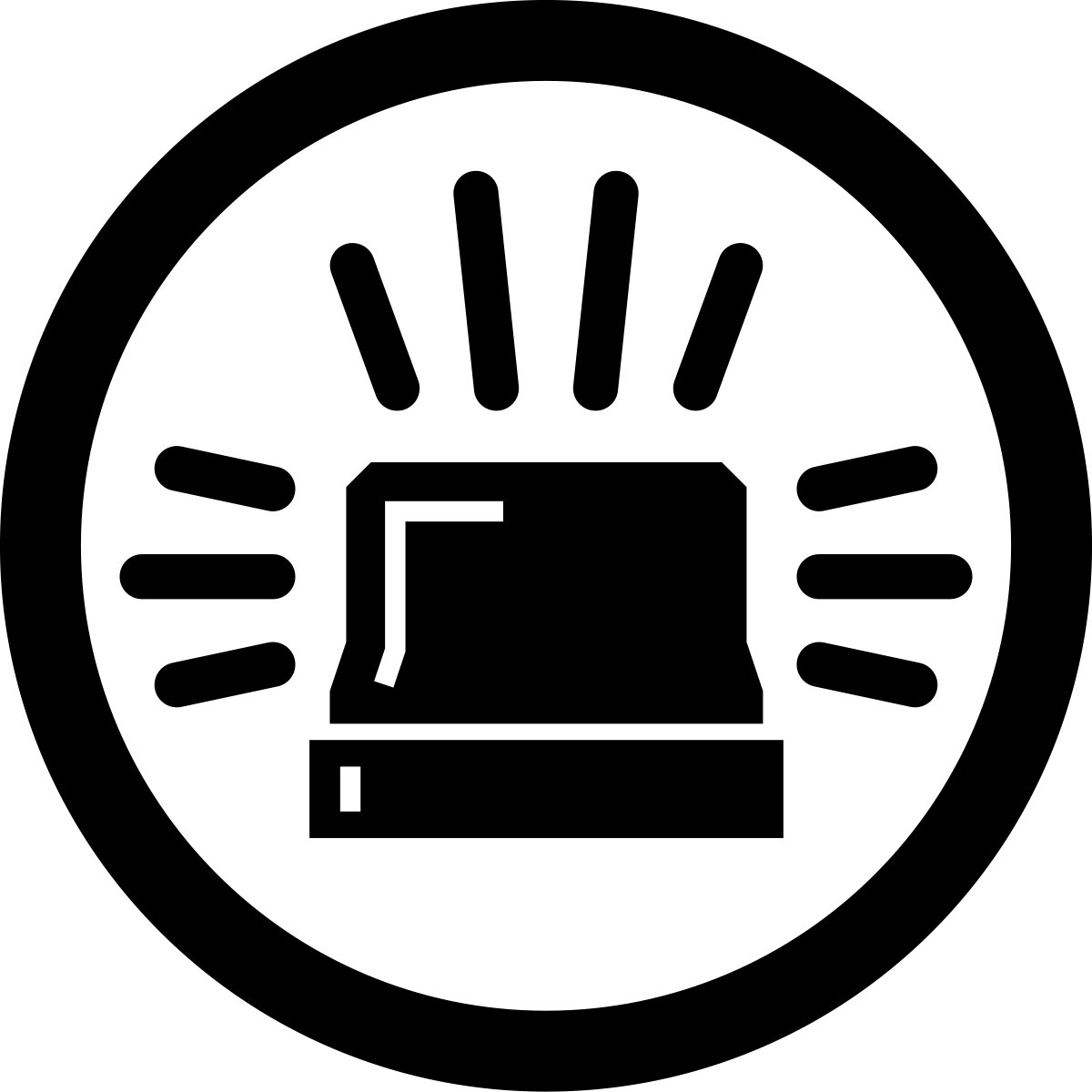 A black and white icon of a siren in a circle.