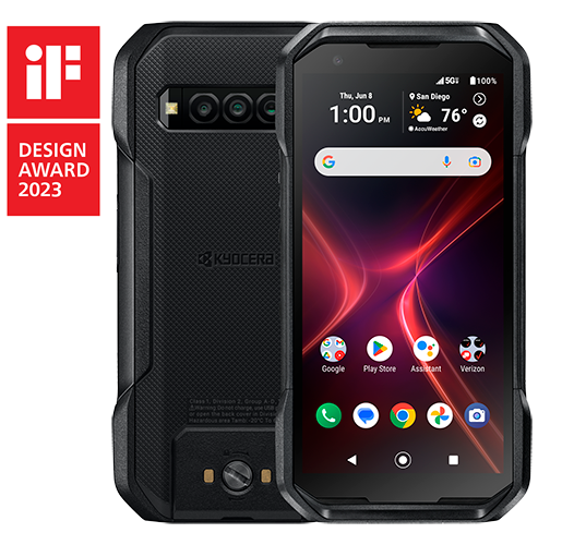 A kyocera phone has a design award sticker on it
