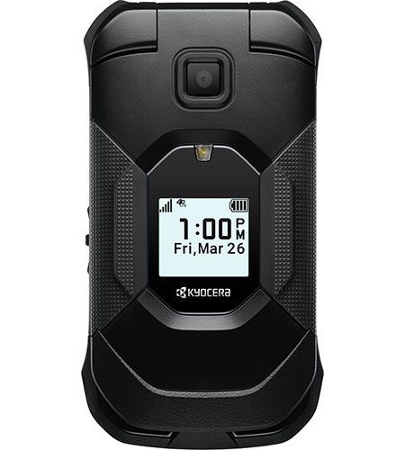 A black flip phone with the time of 1:00 on the screen.