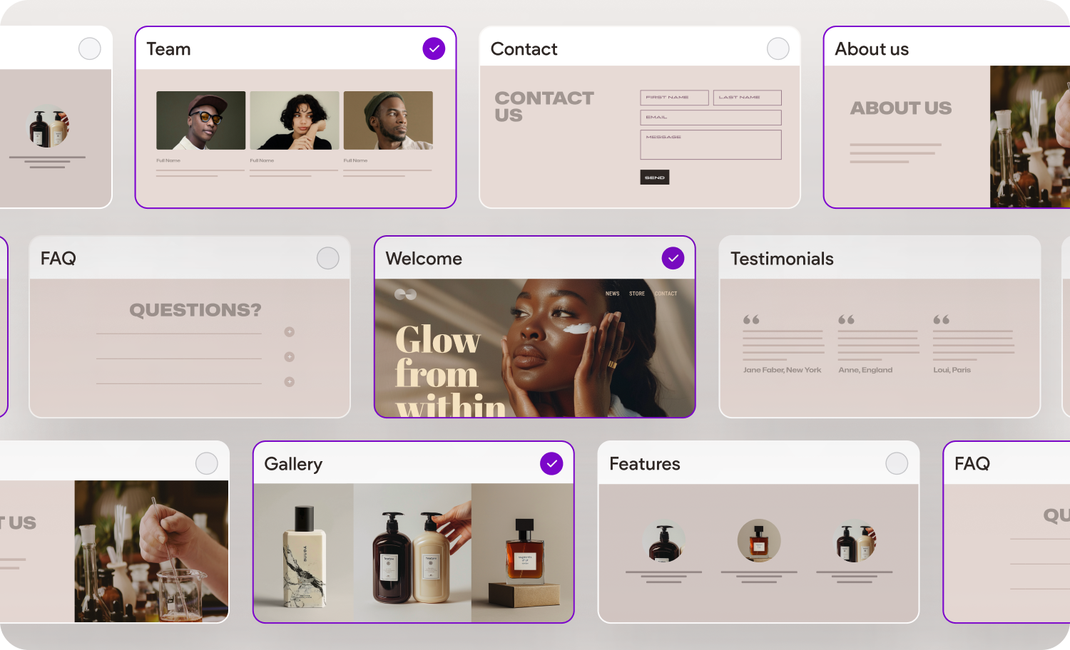 A collage of images with a woman applying lotion on her face.