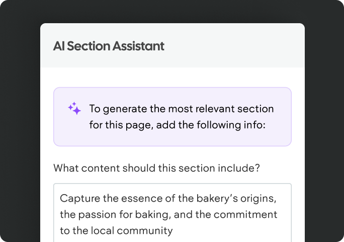 A screenshot of an ai section assistant that says to generate the most relevant section for this page add the following info