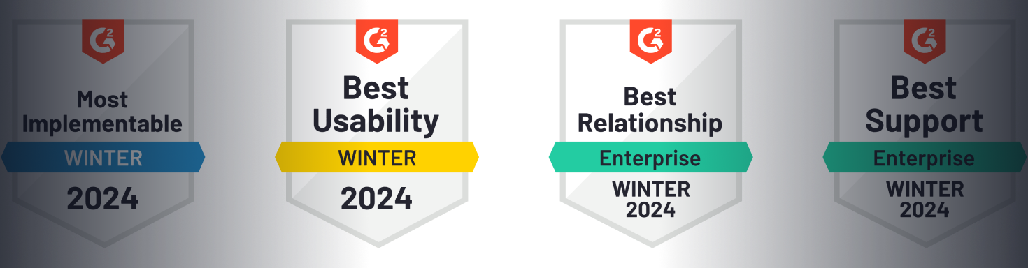 A row of badges that say best usability , best relationship , and best support.