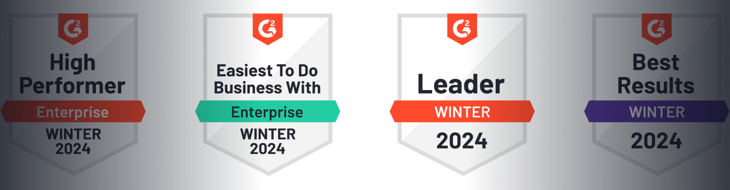 A set of four badges that say high performer , leader , best results , and enterprise.