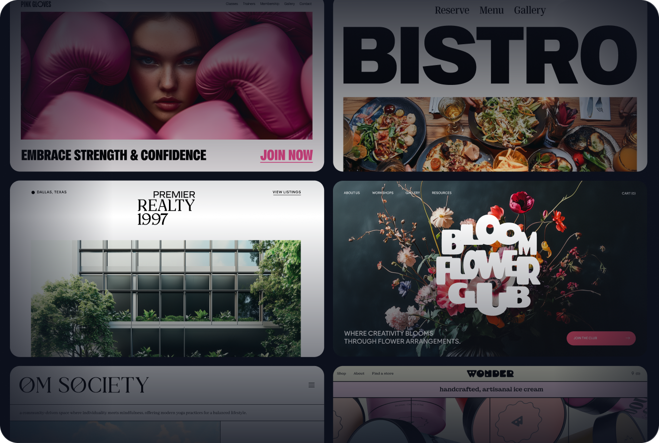 A collage of various websites including bistro and bloom flower club